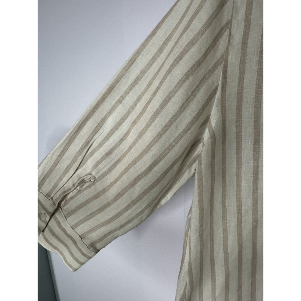 Chicos Womens Sz 2 L Beige Stripe Linen Button Up No Iron Tunic Top 3/4 Sleeve - Picture 4 of 10